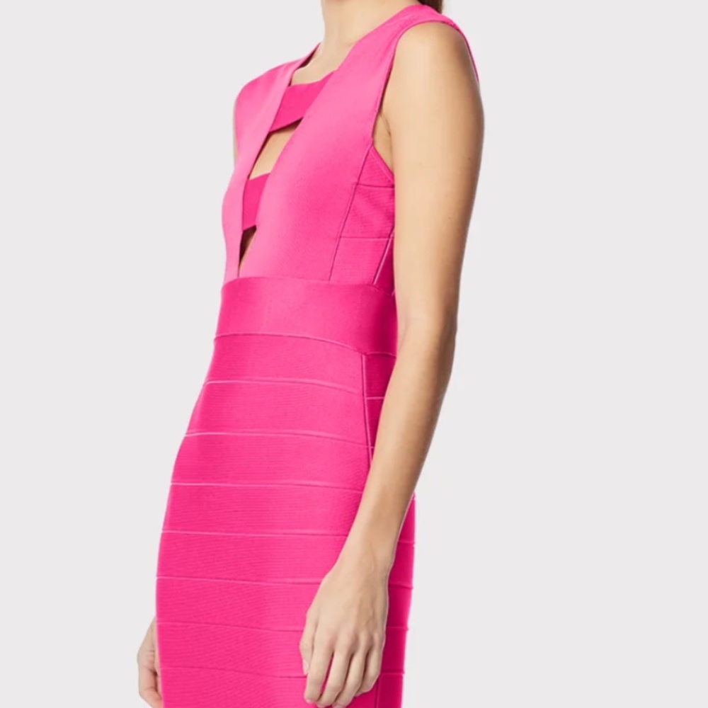 HERVE LEGER DEEP V STRAPPY ICON DRESS Hot Pink NWT - Picture 5 of 11